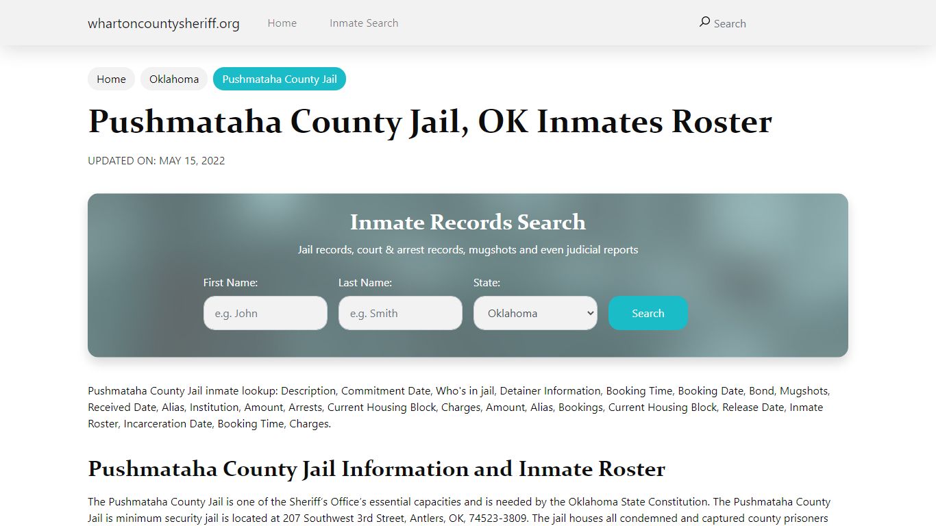 Pushmataha County Jail, OK Jail Roster, Name Search